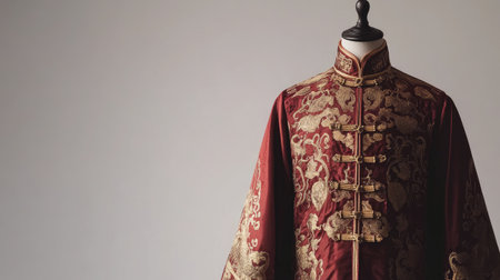 This stunning traditional Chinese robe features intricate gold embroidery on a rich red fabric, elegantly displayed on a mannequin in a neutral backdrop, showcasing exquisite craftsmanship and cultural heritage.の素材