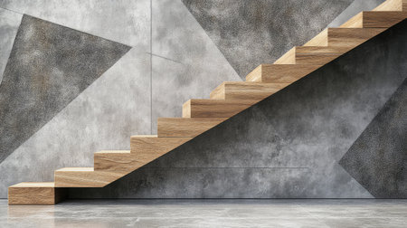 A striking wooden staircase climbs gracefully against a textured gray wall, illustrating modern design and architectural elegance in interior spaces. Perfect for design inspiration.の素材