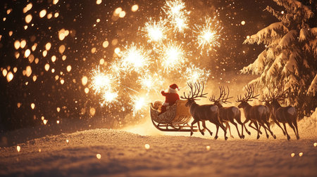 A magical winter evening featuring Santa Claus riding in a sleigh pulled by reindeer, illuminated by vibrant fireworks and surrounded by a serene snowy landscape.の素材