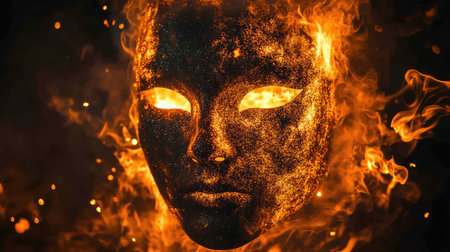 A captivating image of a fiery mask illuminated by flames, symbolizing transformation and mystery. The glowing features create a dramatic and intense visual experience.の素材