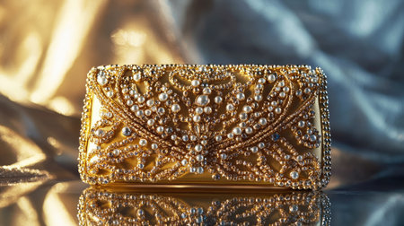 Stunning golden clutch featuring pearls and decorative beadwork, ideal for adding a touch of luxury to your evening ensemble. Perfect for formal events or celebrations.の素材