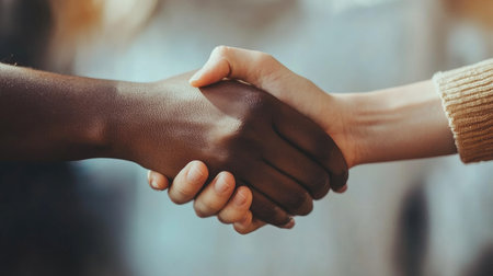 Capture the essence of partnership with this image of two diverse hands shaking, symbolizing unity, support, and collaboration in both personal and professional contexts.の素材
