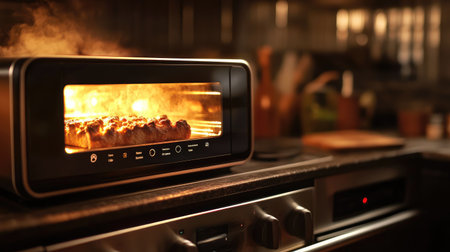 A sleek electric oven showcases meat as it cooks, filling the kitchen with steam and warmth. The inviting atmosphere highlights modern culinary equipment and cooking techniques.の素材