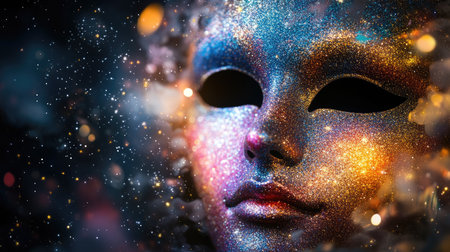 This mesmerizing image features a beautiful mask adorned with colorful glitter, set against a cosmic backdrop, evoking feelings of mystery, elegance, and artistic inspiration.の素材