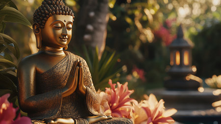 This captivating image showcases a golden Buddha statue peacefully seated amidst vibrant tropical flowers, inviting a sense of calm and spirituality in a natural garden setting.の素材