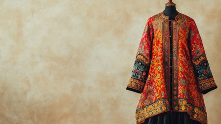 A stunning ethnic garment displayed on a mannequin, highlighting vibrant colors and intricate embroidery that reflect rich cultural heritage and craftsmanship in traditional fashion.の素材