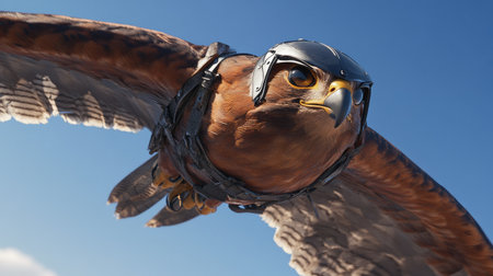 A stunning hawk takes flight wearing aviator gear and a helmet, embodying power and grace against a vibrant blue sky. Perfect for nature and adventure themes.の素材