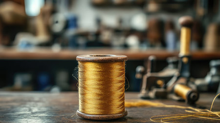A close-up view of a golden thread spool resting on a wooden table in a vintage workshop. The setting features soft focus background elements, showcasing crafting tools and materials.の素材