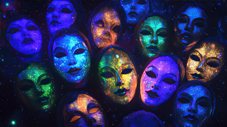 A mesmerizing collection of vibrant masks floating in a cosmic backdrop highlights the intersection of emotion and artistry, inviting viewers into a world of surreal mystique.の素材
