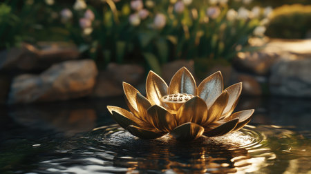 A stunning golden lotus flower floats on a calm pond, surrounded by blooming flora, creating a peaceful and serene garden atmosphere perfect for relaxation and contemplation.の素材