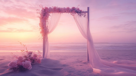 A dreamy wedding arch with blush roses and flowing fabric, glowing softly in the sunset light over a tranquil beach. No people.の素材