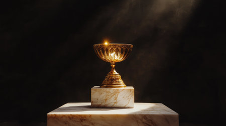 A stunning golden trophy elegantly placed on a marble base, lit dramatically against a dark backdrop, capturing the essence of achievement and prestige in competitive environments.の素材