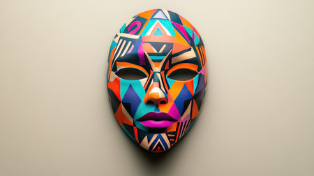 An intricate mask showcasing lively geometric patterns and vibrant colors, symbolizing artistic expression and cultural identity, perfect for diverse creative projects.の素材