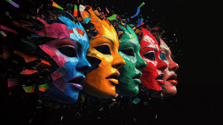 This artwork showcases a vivid display of colorful masks symbolizing various emotions, fragmented to evoke creativity and diversity set against a dark background.の素材