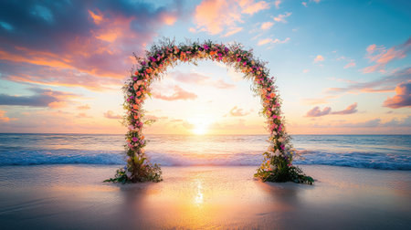 A stunning beach wedding arch with vibrant tropical flowers, set against a glowing sunset horizon. No people.の素材