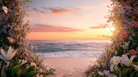 A beach wedding arch framed by cascading floral arrangements and warm sunset hues over the horizon. No people.の素材