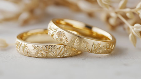 Gold wedding rings with delicate engravings on a light, textured surface for a warm ambiance.の素材