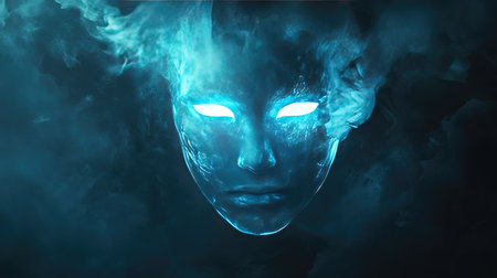 An ethereal representation of a spirit's face emerges from swirling smoke, featuring glowing blue eyes that evoke deep emotion and intrigue in a dark and mystical setting.の素材