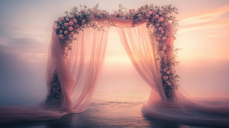 A dreamy wedding arch with blush roses and flowing fabric, glowing softly in the sunset light over a tranquil beach. No people.の素材