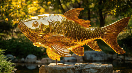 A striking golden fish sculpture illuminated by the sun, elegantly placed in a garden setting, blending artistry with the beauty of nature for a serene ambiance.の素材