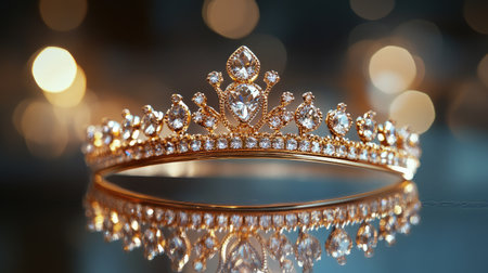 This stunning gold tiara features exquisite crystals, showcasing elegance and luxury. It reflects light beautifully, making it ideal for weddings, celebrations, and high-fashion photography.の素材