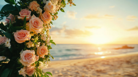 Beach wedding arch of pastel flowers and greenery, lit by the warm golden rays of the setting sun. No people.の素材