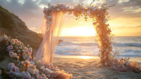 A dreamy beach wedding arch with pastel flowers and sheer fabric, glowing softly under the sunset's golden light. No people.の素材