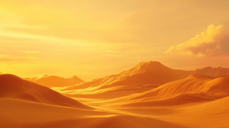 This beautiful desert scene captures rolling golden dunes under a warm sunset sky, creating a peaceful atmosphere perfect for relaxation, exploration, and inspiration in nature.の素材