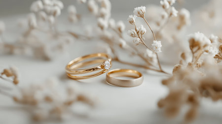 Golden wedding rings placed on a minimalist light gray background, softly illuminated for warmth.の素材