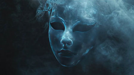A captivating ethereal mask emerges from a cloud of swirling smoke, enveloped in shadows, evoking a sense of mystery and intrigue for creative artwork and projects.の素材