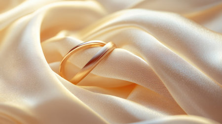 Close-up of intertwined wedding rings on a soft cream fabric, glowing under a romantic golden light.の素材