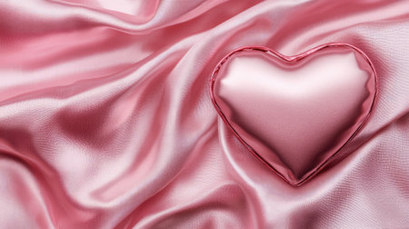 Close-up of a heart-shaped candy box on a pink satin background with room for Valentine textの素材