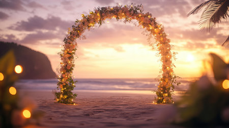 Romantic floral beach wedding arch with twinkling lights, basking in the warm glow of the setting sun. No people.の素材