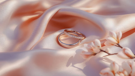 Two rings resting on a light pastel fabric with soft floral shadows for a romantic scene.の素材