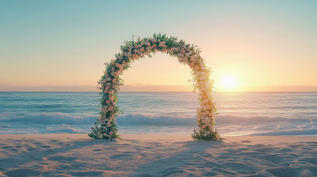 Elegant floral beach wedding arch surrounded by white sand and calm ocean waves under a glowing sunset. No people.の素材