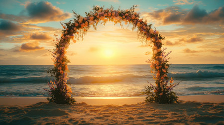Sunset wedding arch with peach blossoms and lavender sprigs, placed on a tranquil beach with rippling waves. No people.の素材