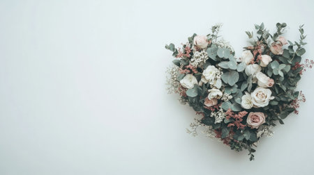 Romantic floral arrangement in a heart shape on a white background with copy spaceの素材