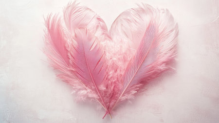 A heart symbol created using delicate pink feathers, positioned on a soft white background.の素材