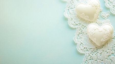 Delicate lace border on a pastel background with subtle heart patterns and blank spaceの素材