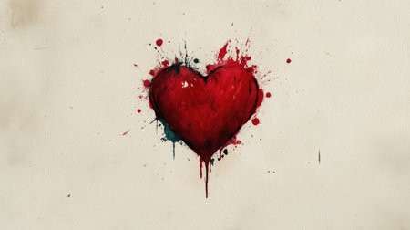 A bold red heart painted in watercolor, with splashes spreading around on a light beige paper texture.の素材