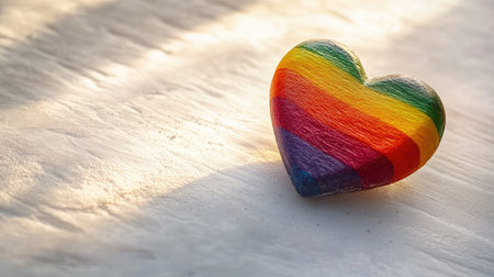 A rainbow heart symbol placed on a soft white surface, radiating inclusivity and warmth.の素材