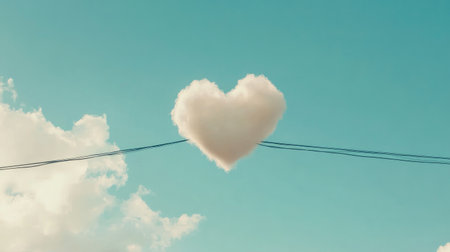 A heart-shaped cloud drifting peacefully across a pale blue sky background.の素材
