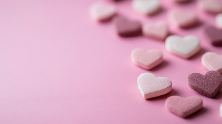 Soft focus bokeh in shades of pink with scattered hearts and central copy spaceの素材