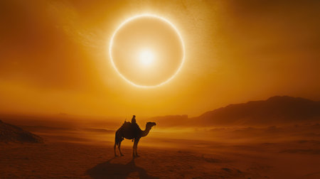 Camel shadow cast under the brilliance of a large sun halo, illuminating the vast expanse of a desert landscapeの素材