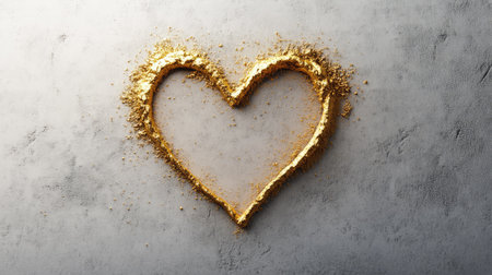 A heart drawn in golden sand, positioned on a smooth light gray surface.の素材