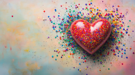 A vibrant heart surrounded by a burst of multicolored confetti on a light pastel surface.の素材