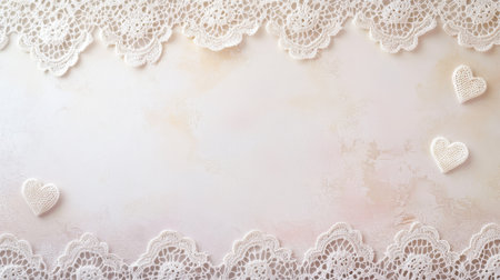 Delicate lace border on a pastel background with subtle heart patterns and blank spaceの素材