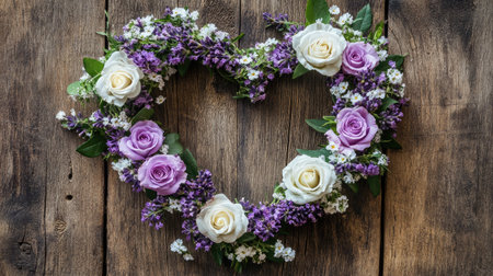 Delicate heart-shaped wreath of lavender and white roses on a rustic wooden backdropの素材