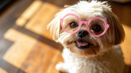 An adorable fluffy dog showcases its playful personality while wearing stylish pink glasses, creating an inviting and cheerful atmosphere in a cozy indoor setting.の素材