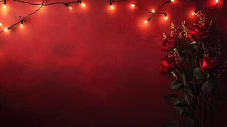 Romantic red velvet background with glowing fairy lights and a rose bouquet in the corner, ample copy spaceの素材